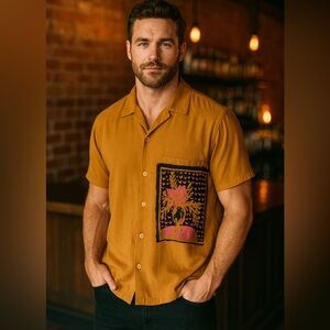 Urban Outfitters Mustard Floral Graphic Button-Up Shirt — Size M